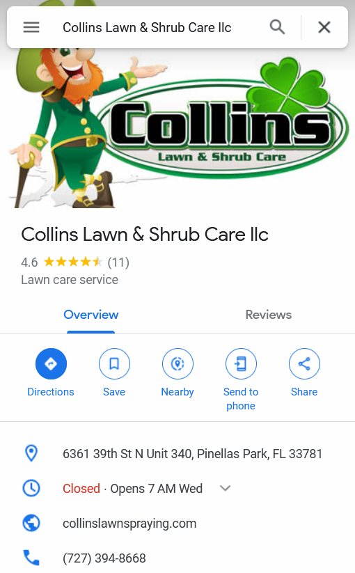 google reviews for collins lawn care and shrub & tree care service in Pinellas and Tampa Bay