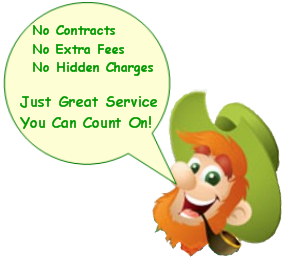 collins-brand-leprechaun-character-sayiny-No Contracts, No Extra Fees, No Hidden Charges, Just Great Service You Can Count On! collins brand leprechaun-character saying No contracts or hidden charges